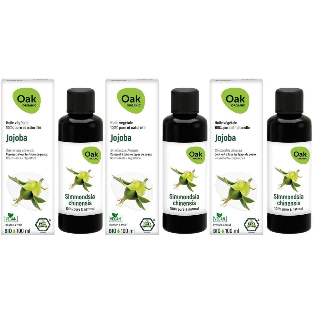 Quatre flacons d'huile de jojoba Oak, 100% pure et naturelle, BIO, 100 ml.