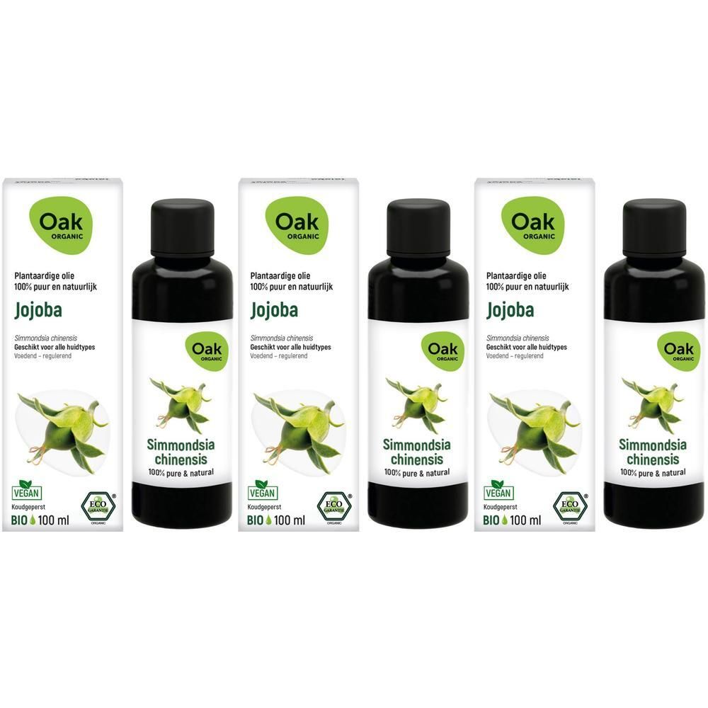 Vier flessen Oak jojobaolie, 100% puur en natuurlijk, BIO, 100 ml.