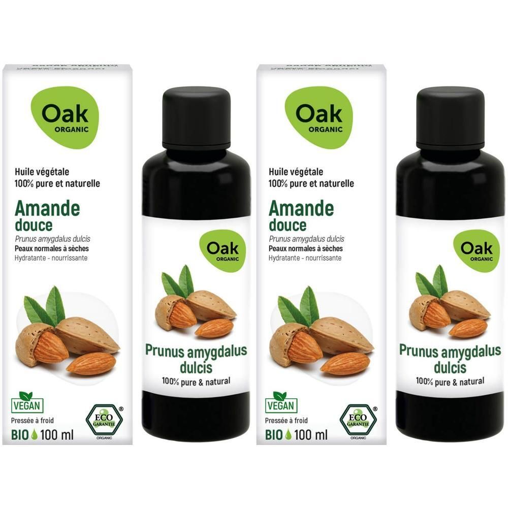 Huile végétale Oak Organic Amande douce, 100% pure et naturelle, vegan, bio.