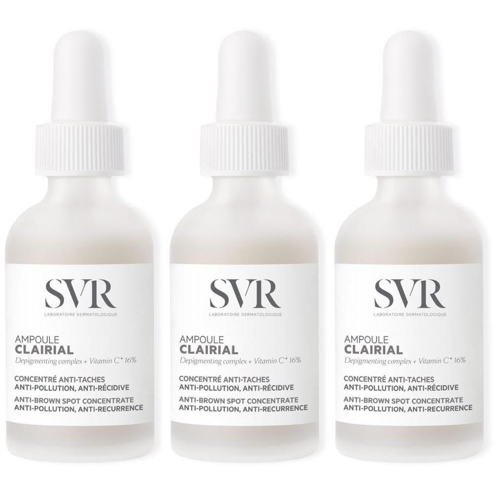Drie SVR Ampoule Clairial flesjes met druppeldop.