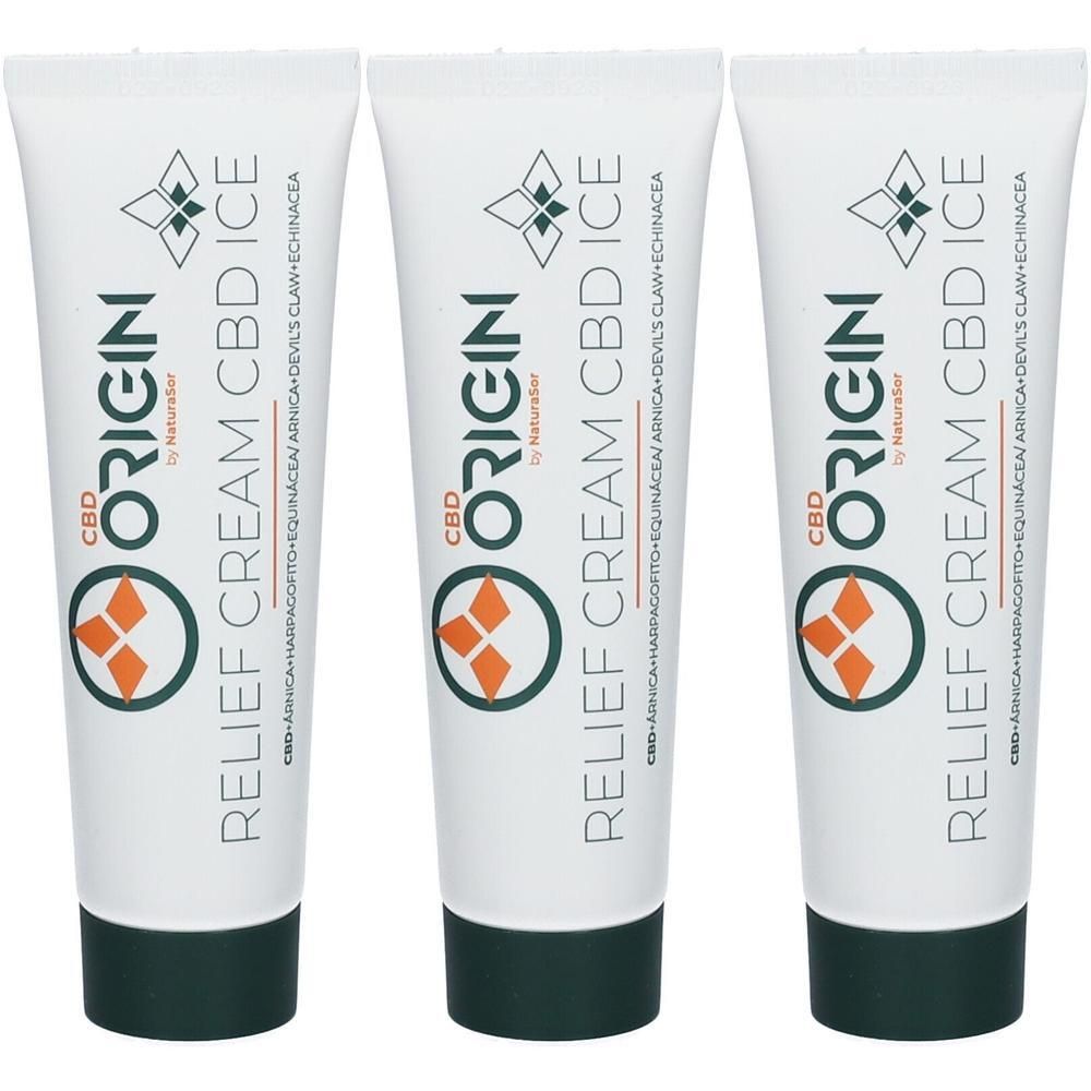 Drie tubes Relief Cream CBD Ice van Origin.
