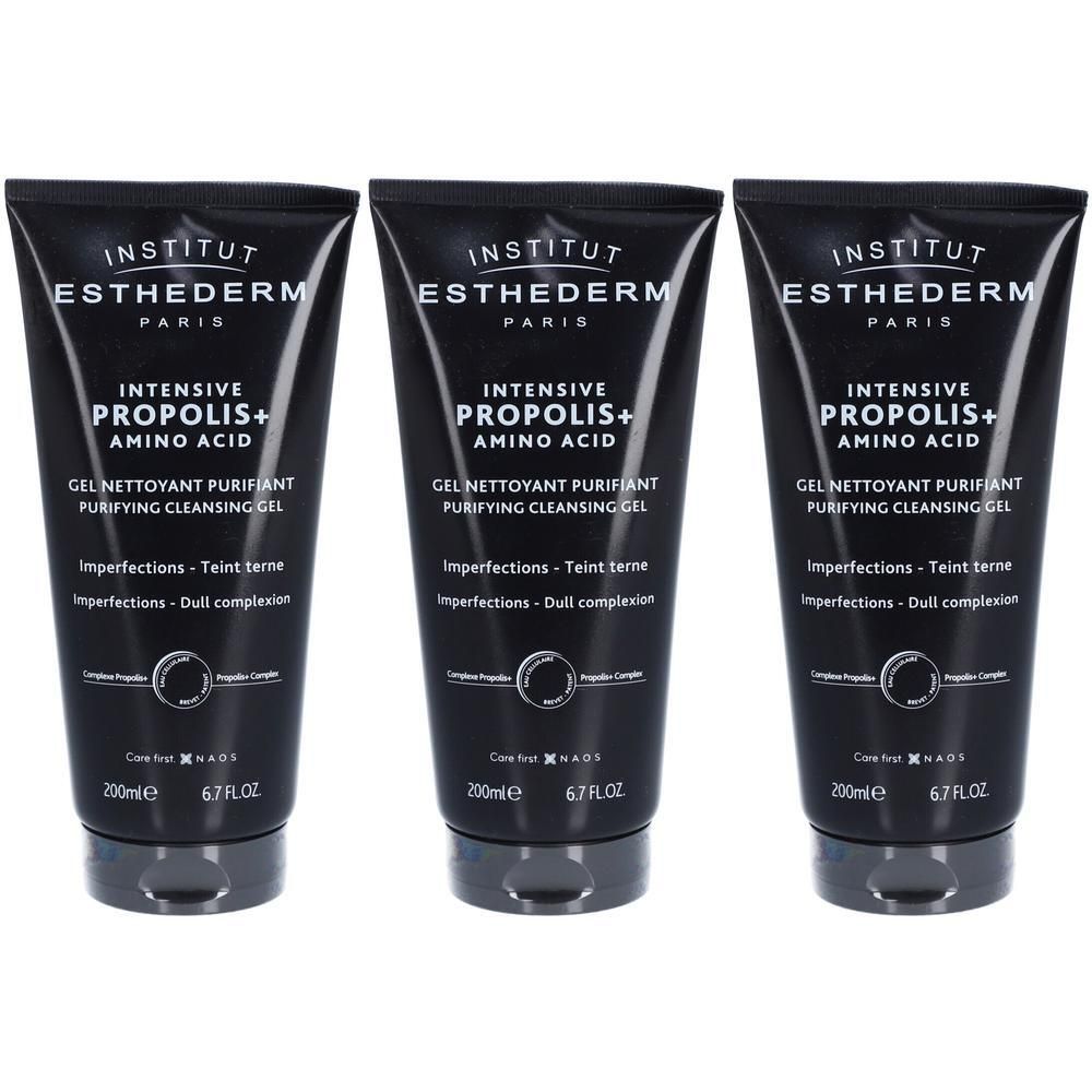 Drie zwarte tubes Institut Esthederm Intensive Propolis+ Gel Nettoyant Purifiant, elk 200ml.