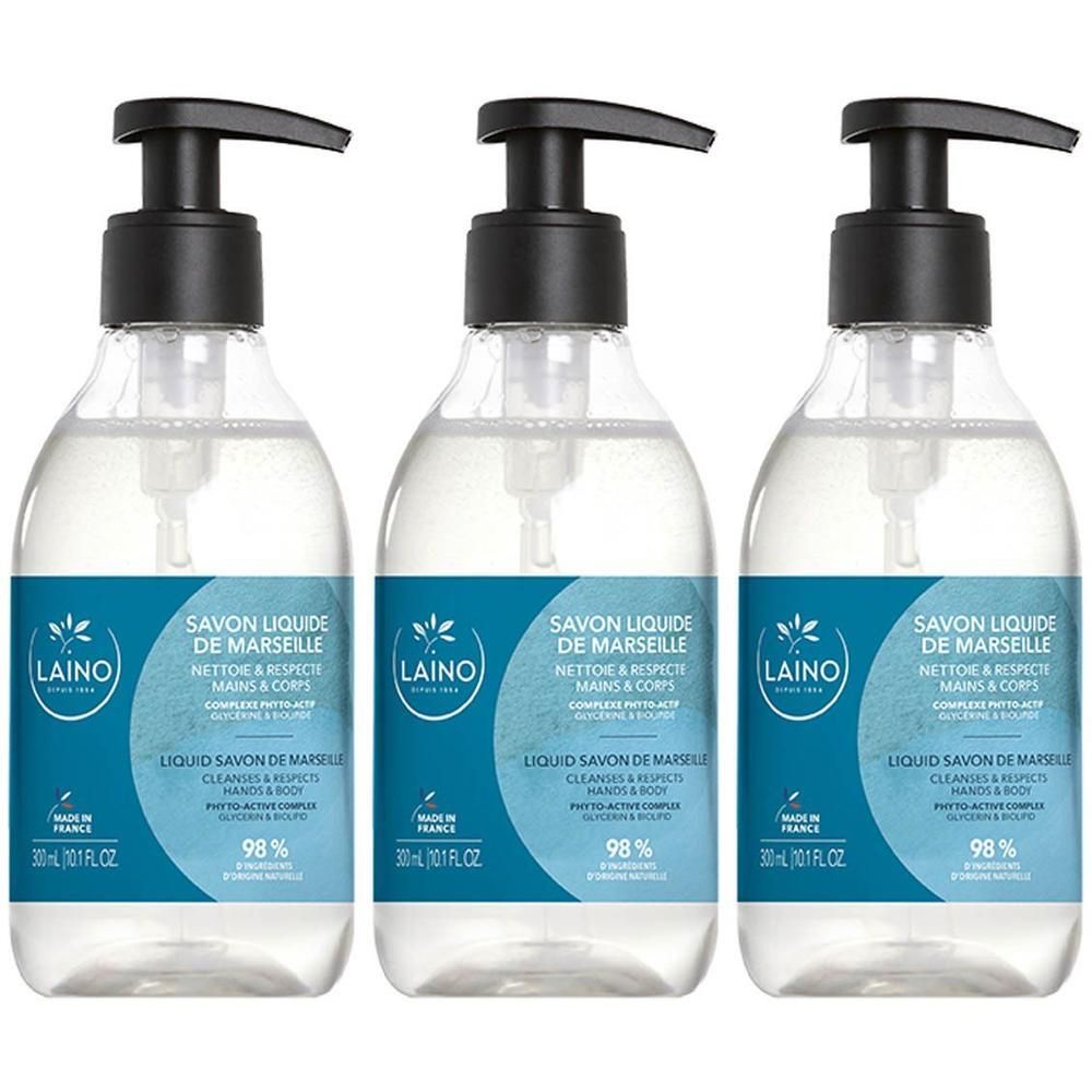 Trois bouteilles de Savon Liquide de Marseille Laino avec distributeurs à pompe.