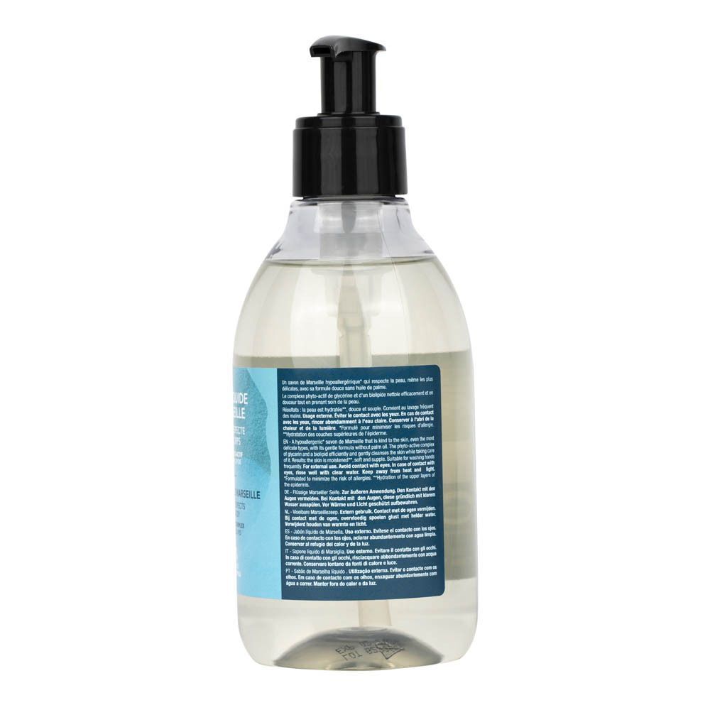 Arrière d'une bouteille de Savon Liquide de Marseille Laino avec étiquette.