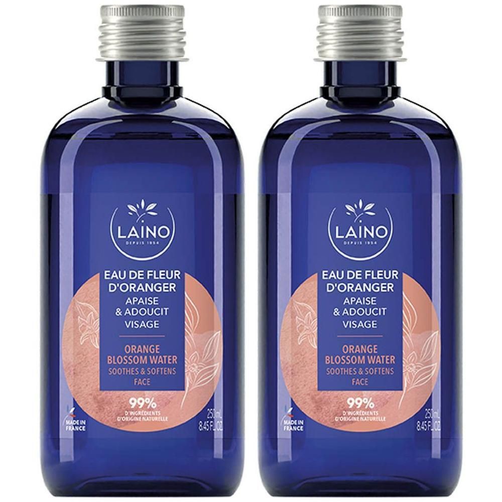 Deux flacons de Laino Eau de Fleur d'Oranger, apaisant et adoucissant pour le visage.