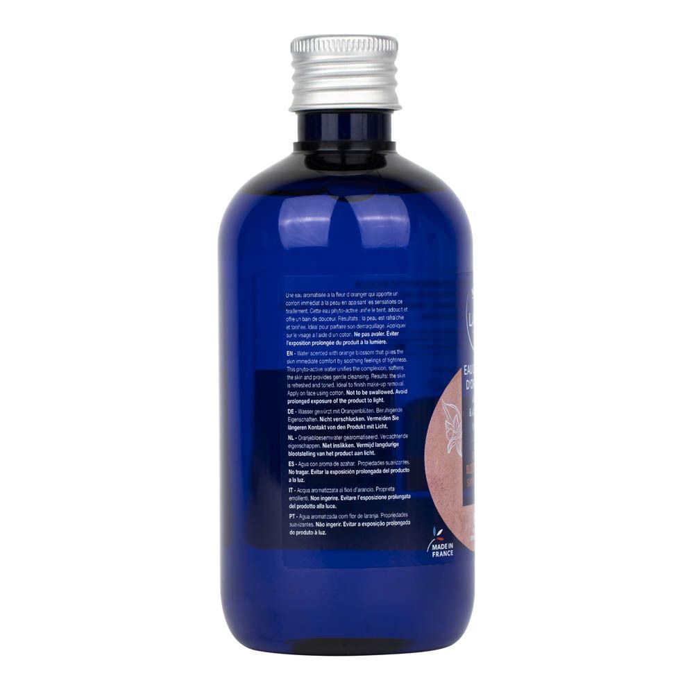 Arrière d'un flacon de Laino Eau de Fleur d'Oranger avec informations produit et ingrédients.