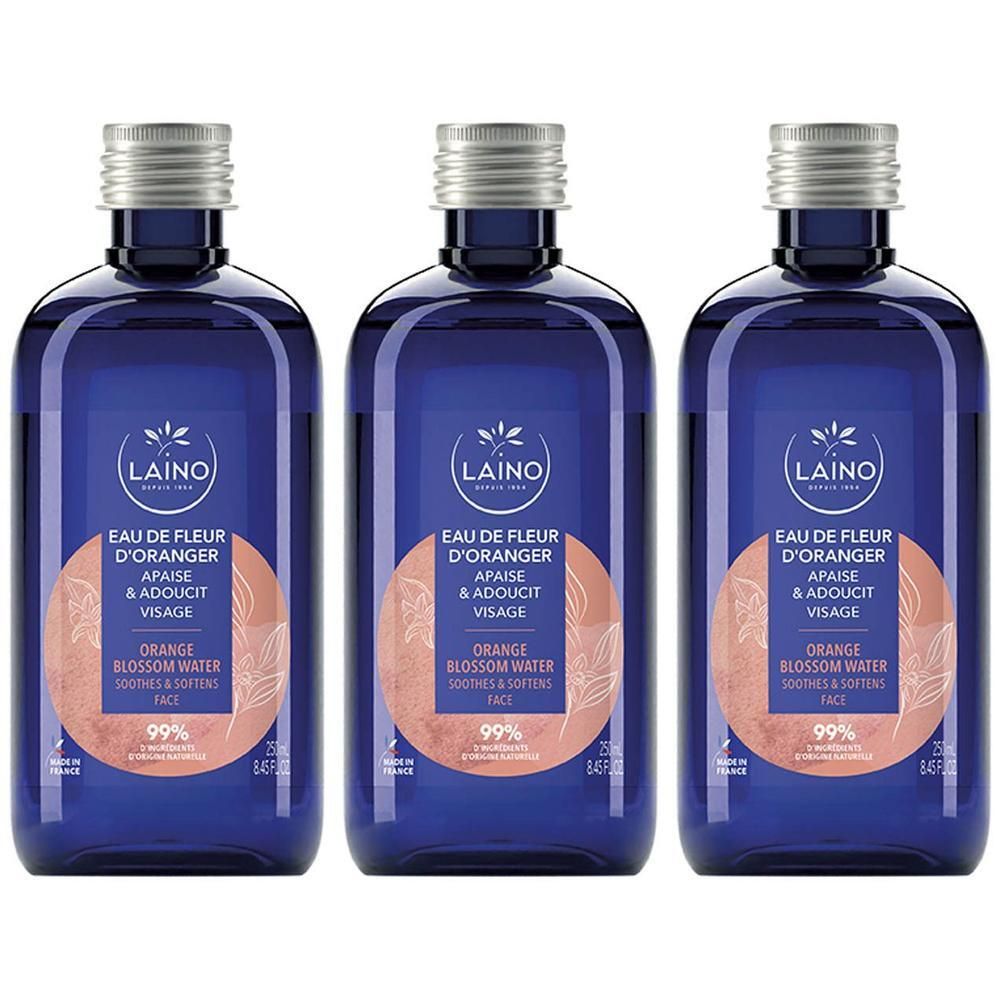 Drie blauwe flessen Laino Eau de Fleur d'Oranger, gezichtswater.