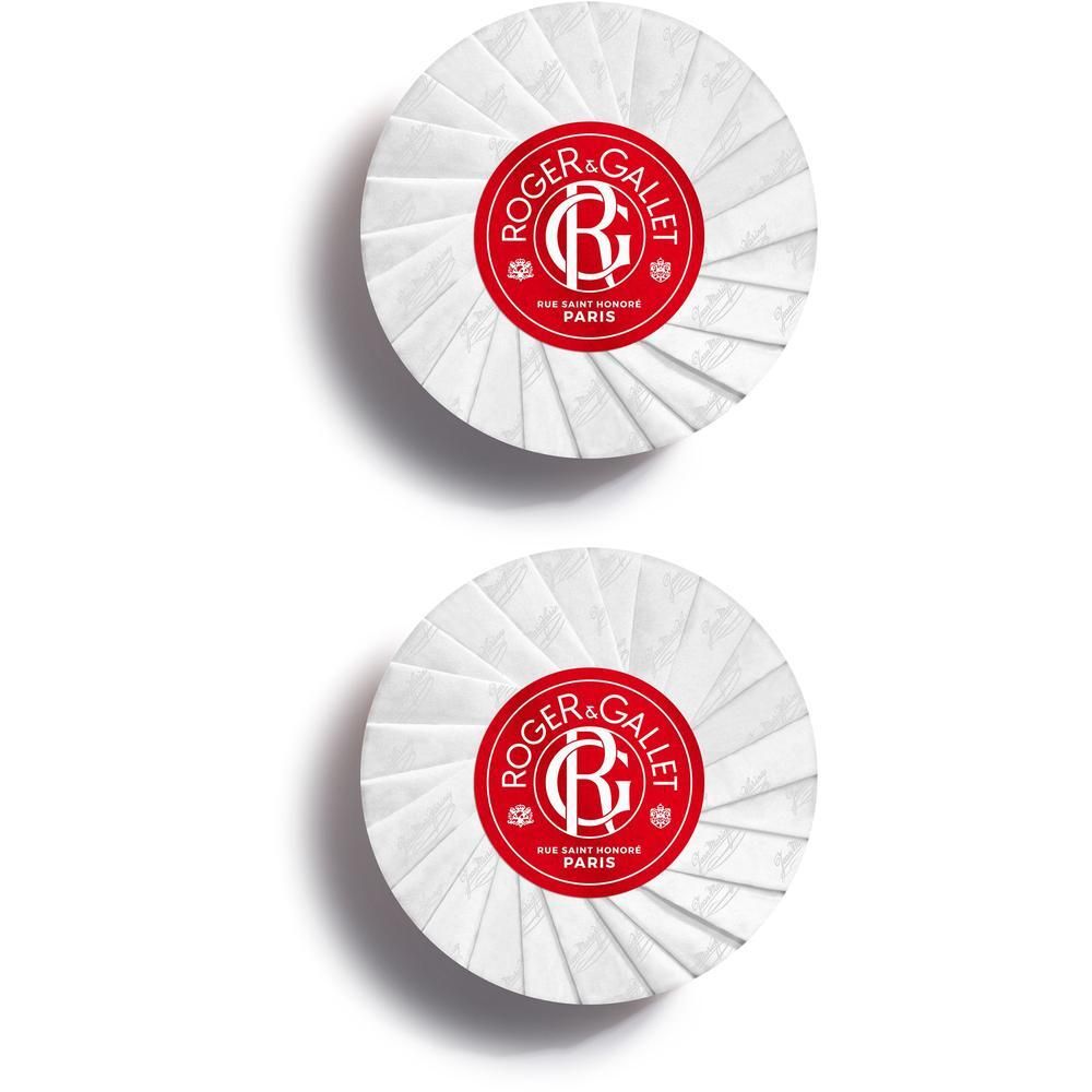 Deux savons Roger & Gallet Savon Parfumé JEAN MARIE FARINA, ronds et blancs, avec logo rouge.