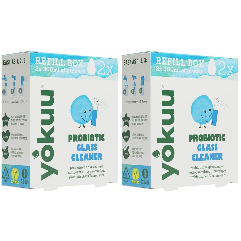 Twee YOKUU Probiotic Glass Cleaner navulverpakkingen, elk met 2x 300ml product.