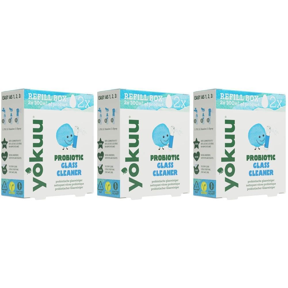 Drie pakken YOKUU Probiotic Glass Cleaner navulverpakkingen, elk met 2x 300ml product.