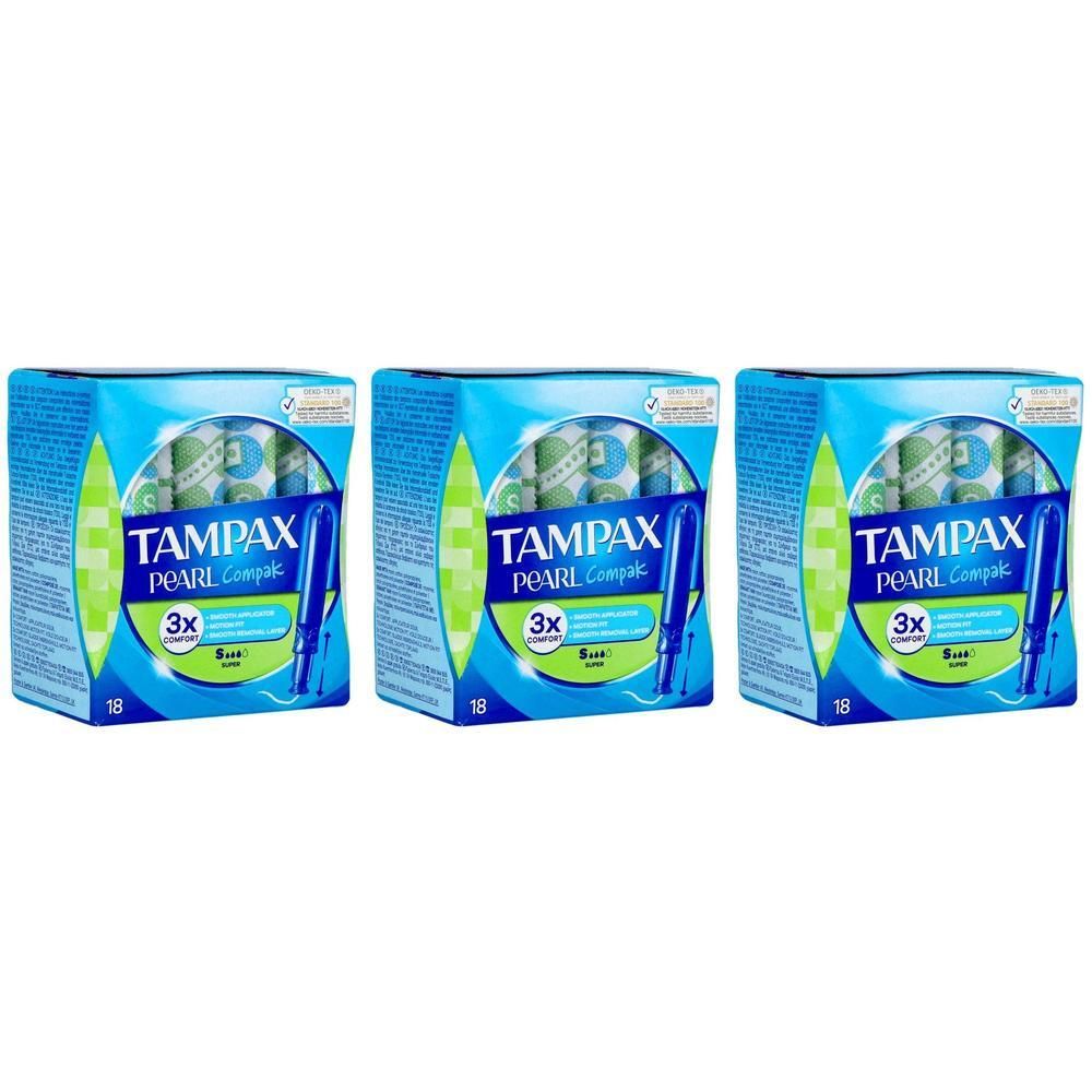 Trois paquets de tampons Tampax Pearl Compak Super, 18 par paquet. Emballage bleu et vert avec tampons visibles.