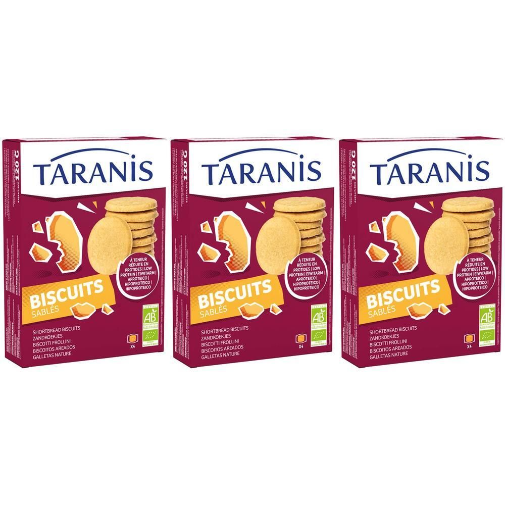 Drie pakken Taranis Biscuits Sablés, biologisch, met afbeelding van koekjes.