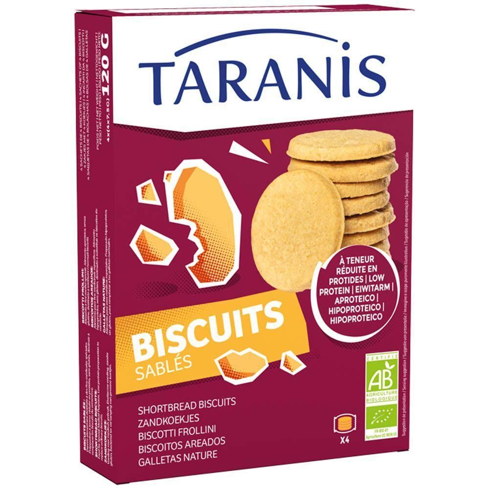 Taranis Biscuits Sablés, 120g verpakking met zandkoekjes, biologisch gecertificeerd.