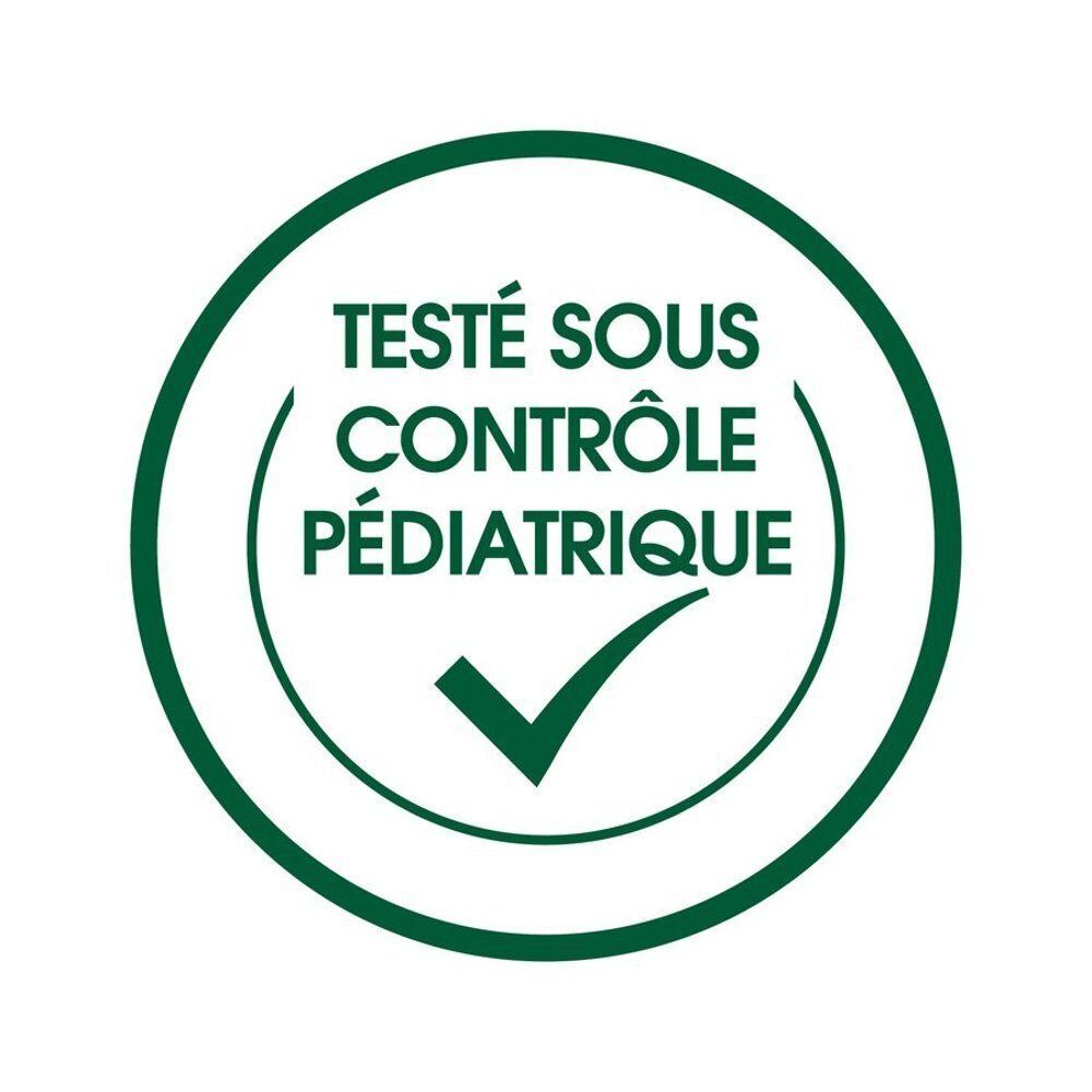 Cercle vert avec une coche et texte 'Testé sous contrôle pédiatrique'.