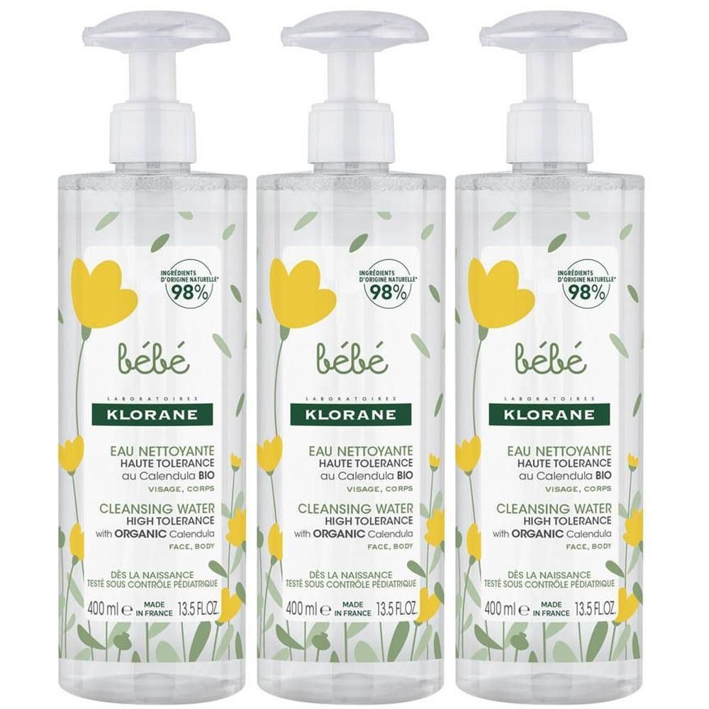 Drie Klorane Baby BIO Reinigingswaterflessen met Calendula, 400ml.