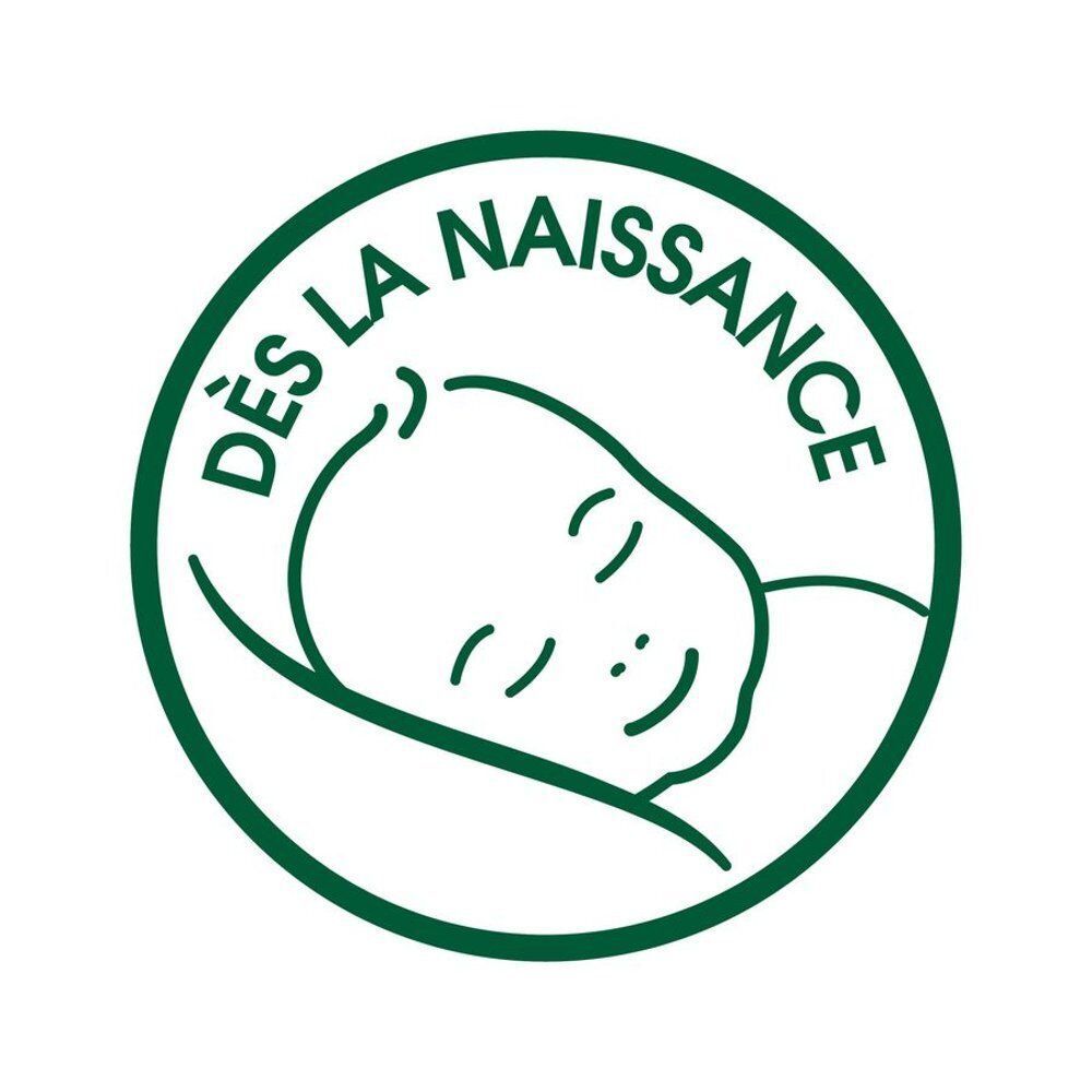 Logo : Bébé sur un coussin, 'Dès la naissance'.