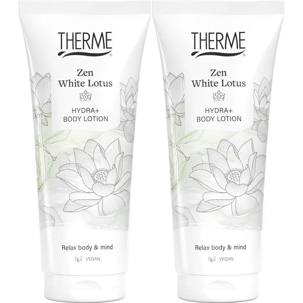 Deux tubes de Lotion Corporelle Hydra+ Therme Zen White Lotus, décor lotus.