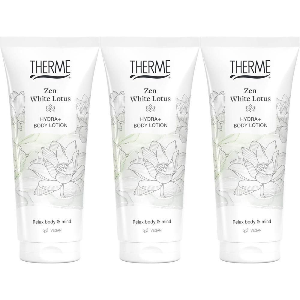 Drie tubes Therme Zen White Lotus Hydra+ Body Lotion met lotusbloem design.