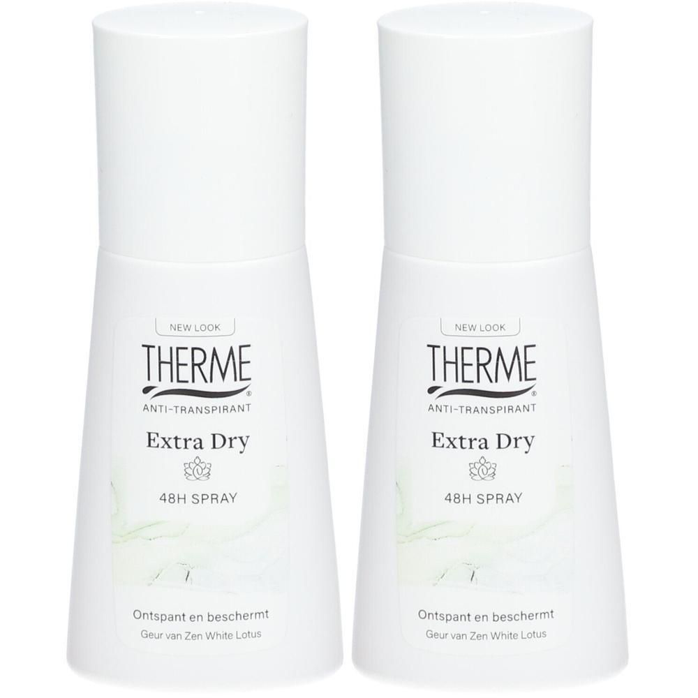 Deux flacons blancs Therme Anti-Transpirant Extra Dry 48H Spray parfum Lotus Zen.
