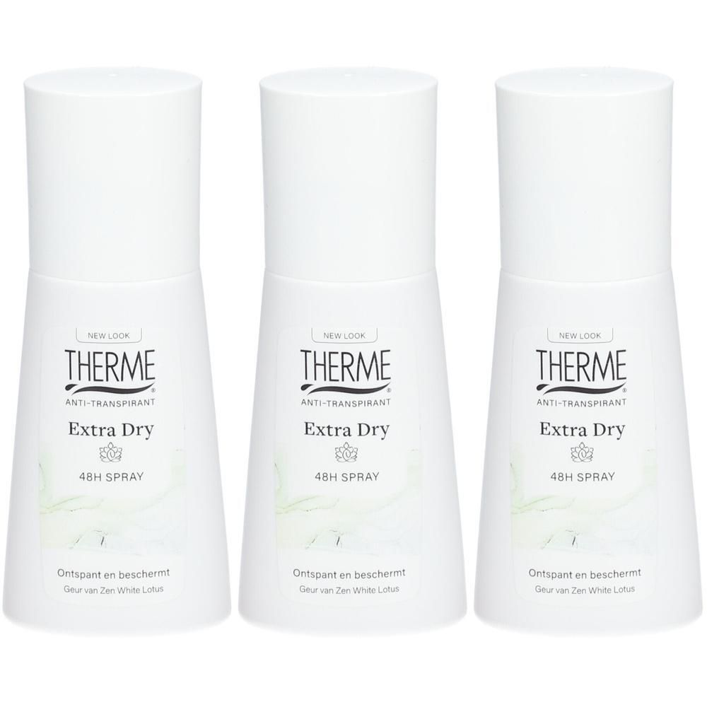 Drie witte sprayflessen Therme Extra Dry Anti-Transpirant, 48H Spray, Zen White Lotus geur.
