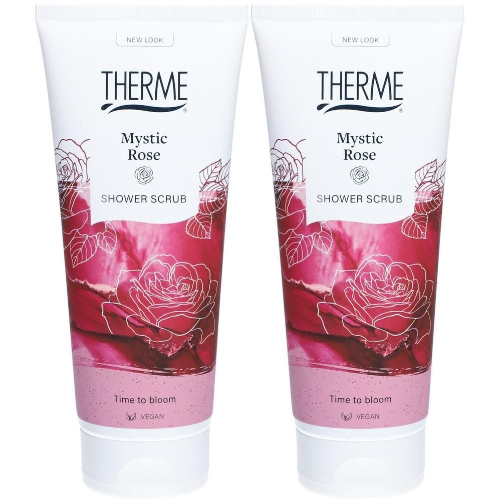 Twee tubes Therme Shower Scrub Mystic Rose met rozenafbeelding. "New Look" en "Vegan" zijn zichtbaar.