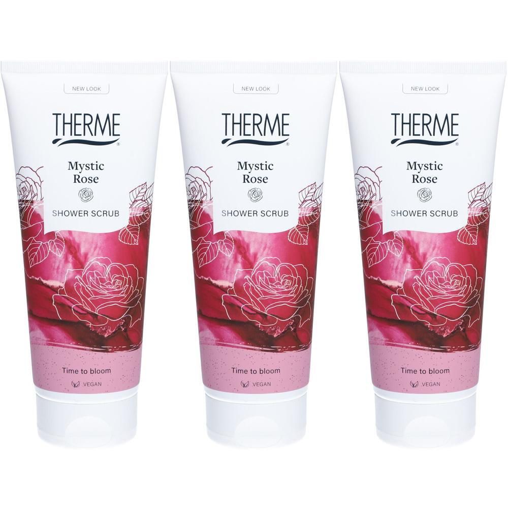 Drie tubes Therme Mystic Rose douchescrub met rozenafbeelding.