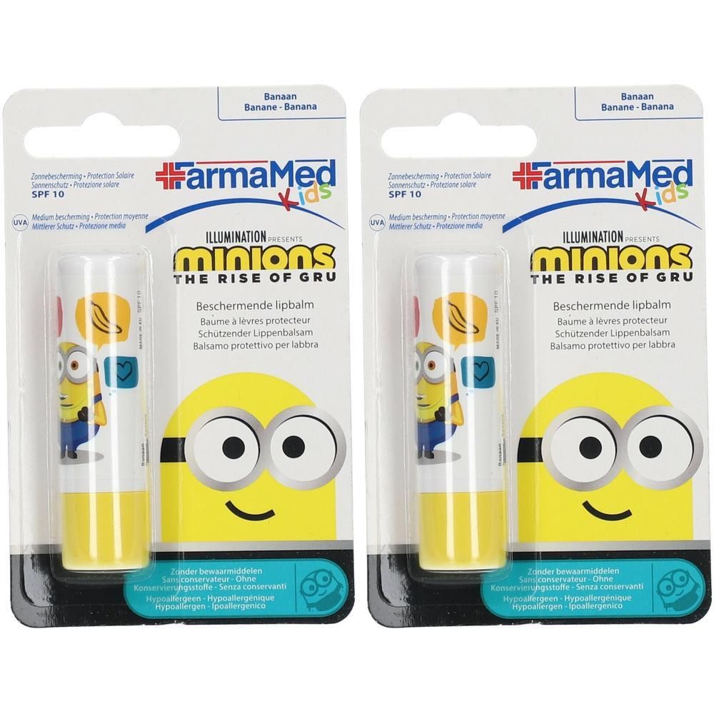 Twee FarmaMed Minions lippenbalsems SPF 10, bananengeur. Elke balsem heeft een Minion-afbeelding.