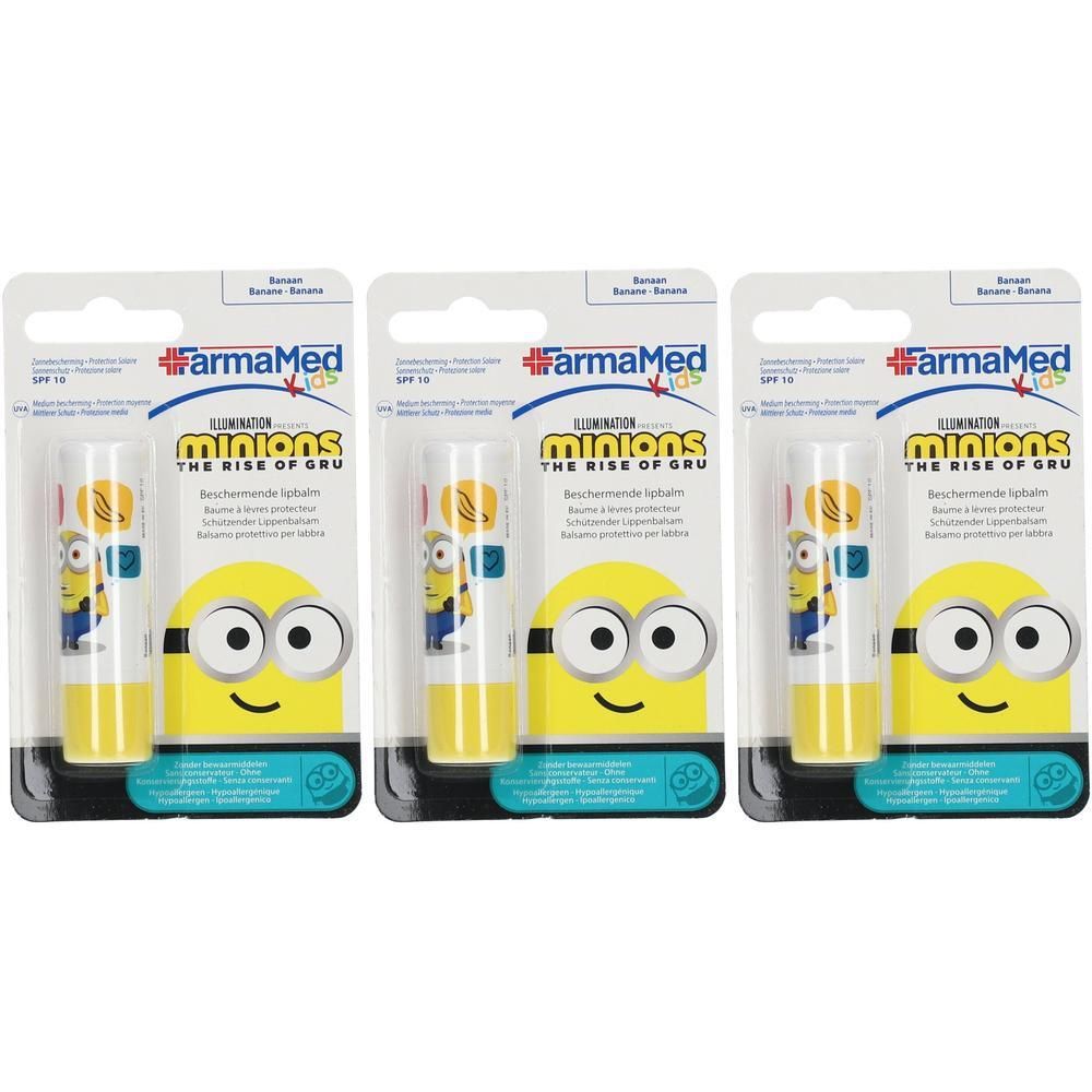 Drie FarmaMed Minions lippenbalsems met SPF 10 in blisterverpakkingen.