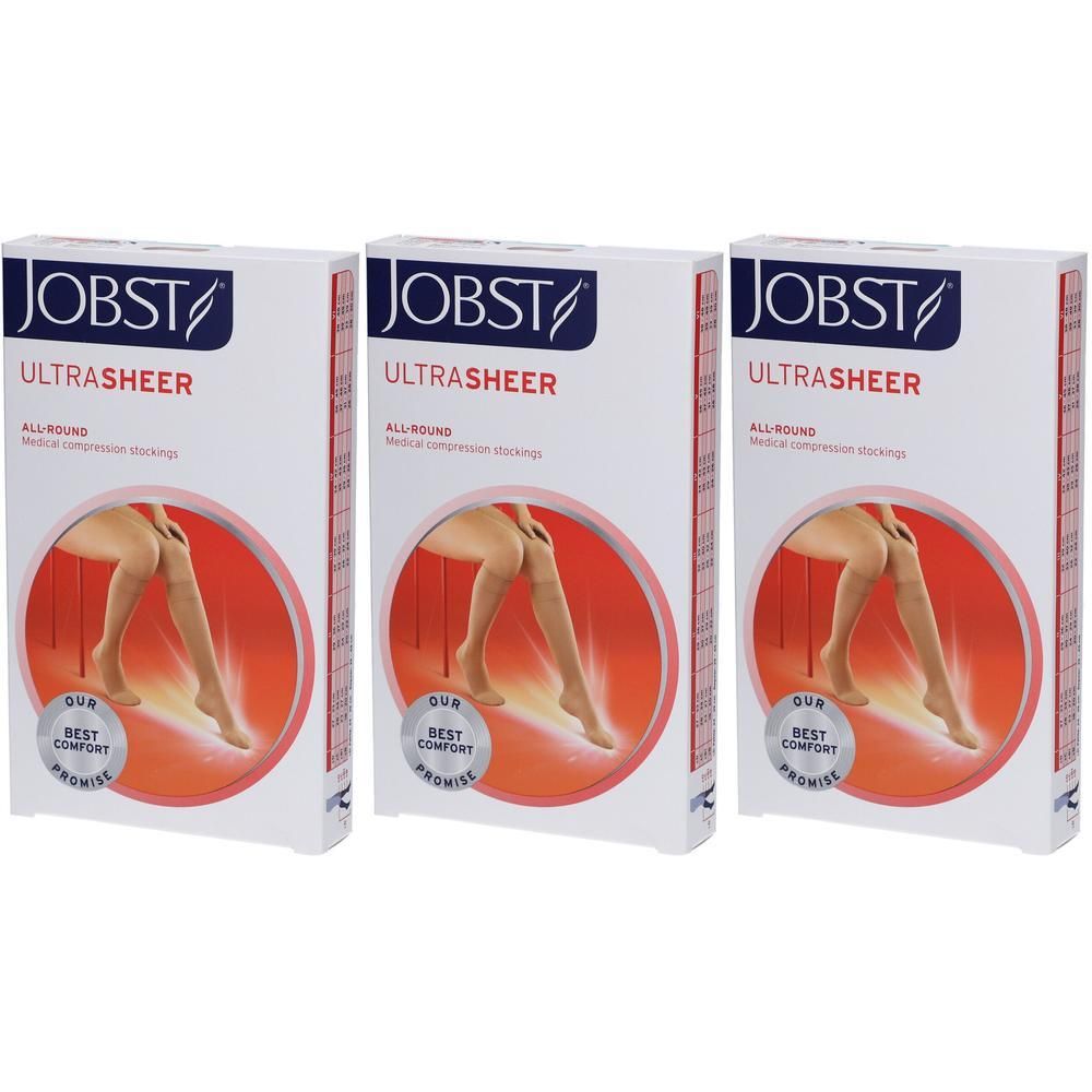 Drie dozen JOBST Ultrasheer compressiekousen. Afbeelding van benen met kousen.