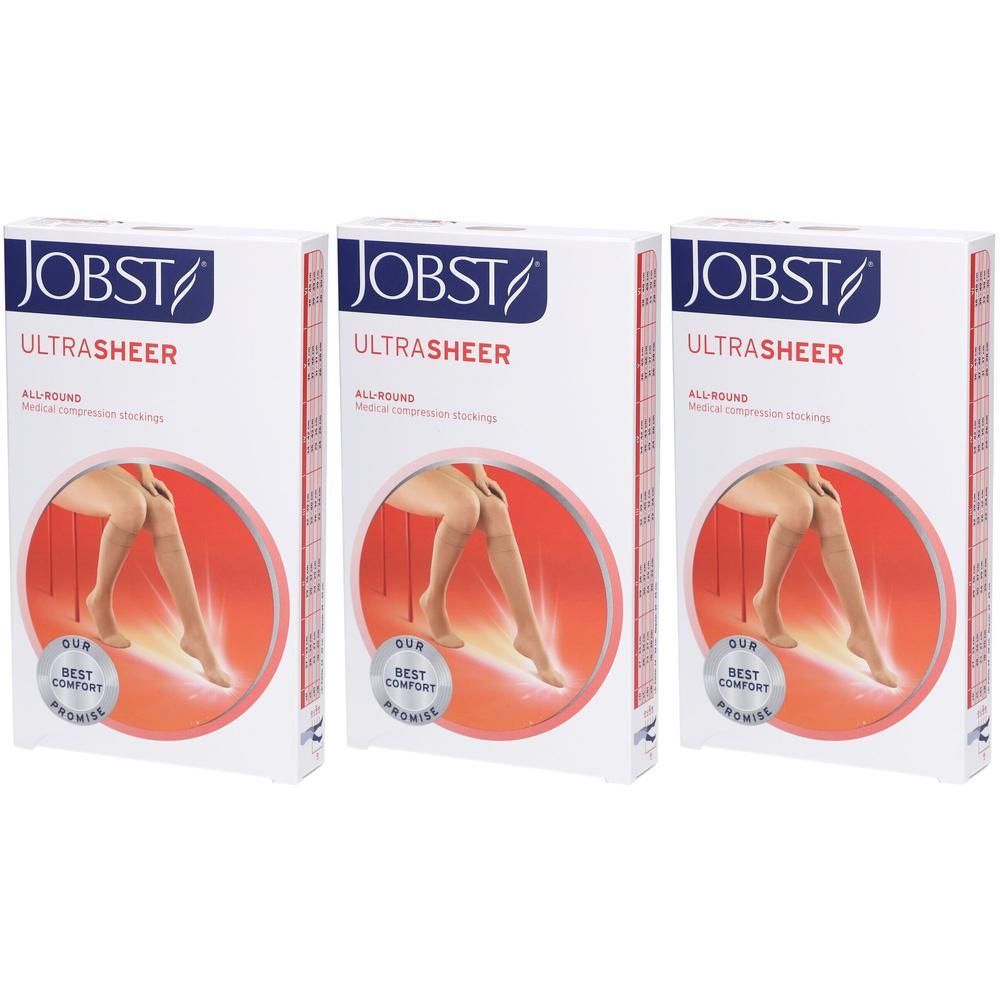 Trois boîtes de bas de compression JOBST Ultrasheer couleur chair. Les jambes de femmes en bas sont représentées.