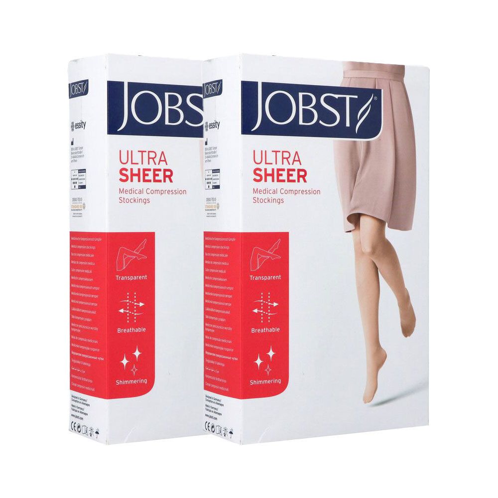 JOBST Ultra Sheer medische compressiekousen, transparant, ademend, glanzend.