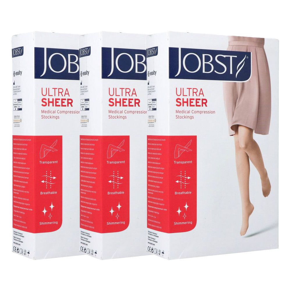 Bas cuisse JOBST Ultrasheer, classe 1, transparent, respirant, scintillant.