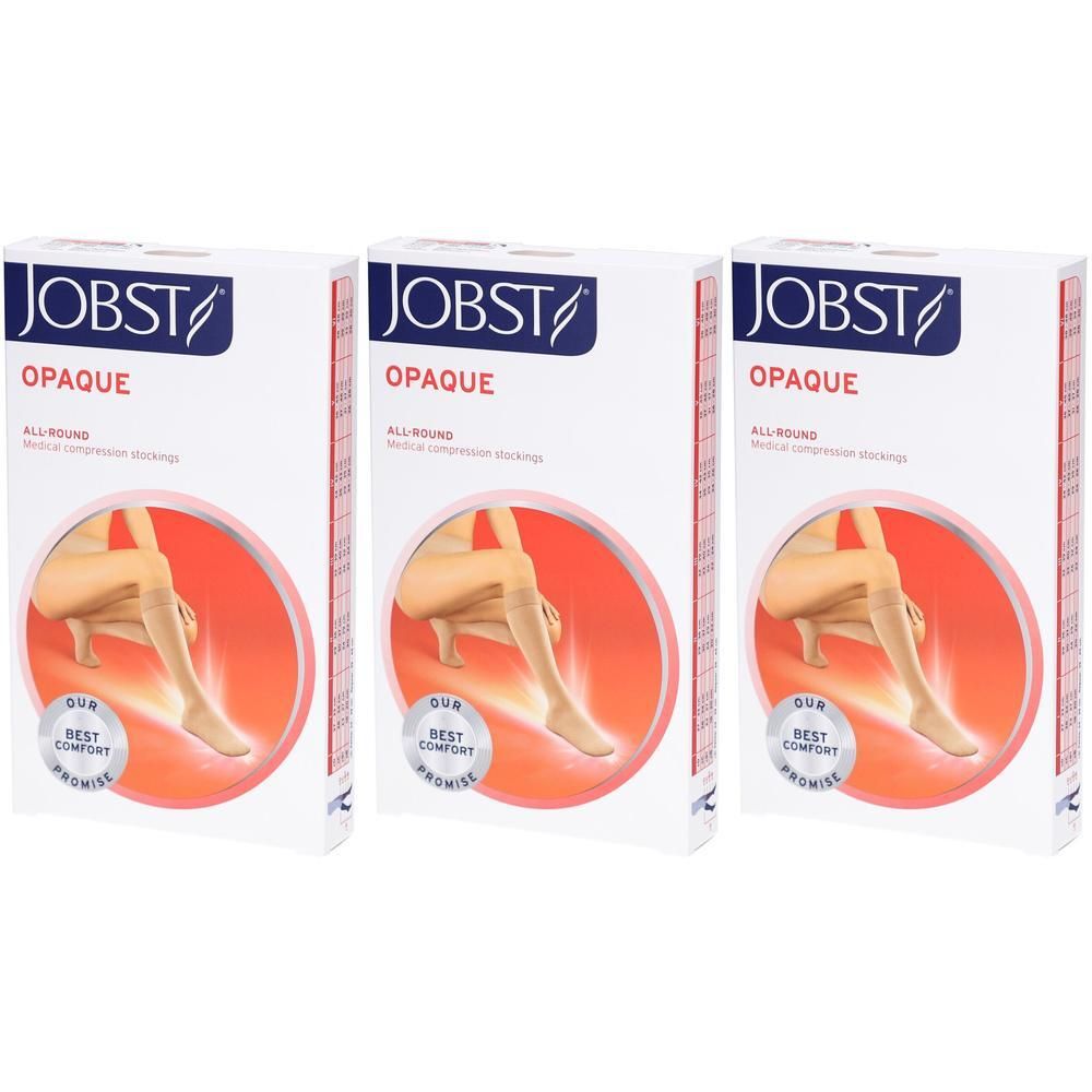 Trois boîtes de bas de contention JOBST OPAQUE couleur chair. Chaque boîte montre une femme portant les bas.
