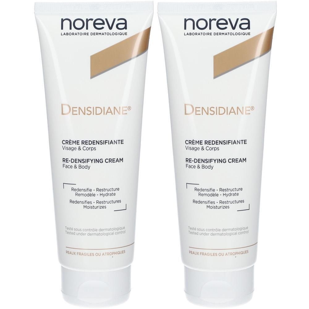 Deux tubes de crème redensifiante Noreva Densidiane® pour le visage et le corps.