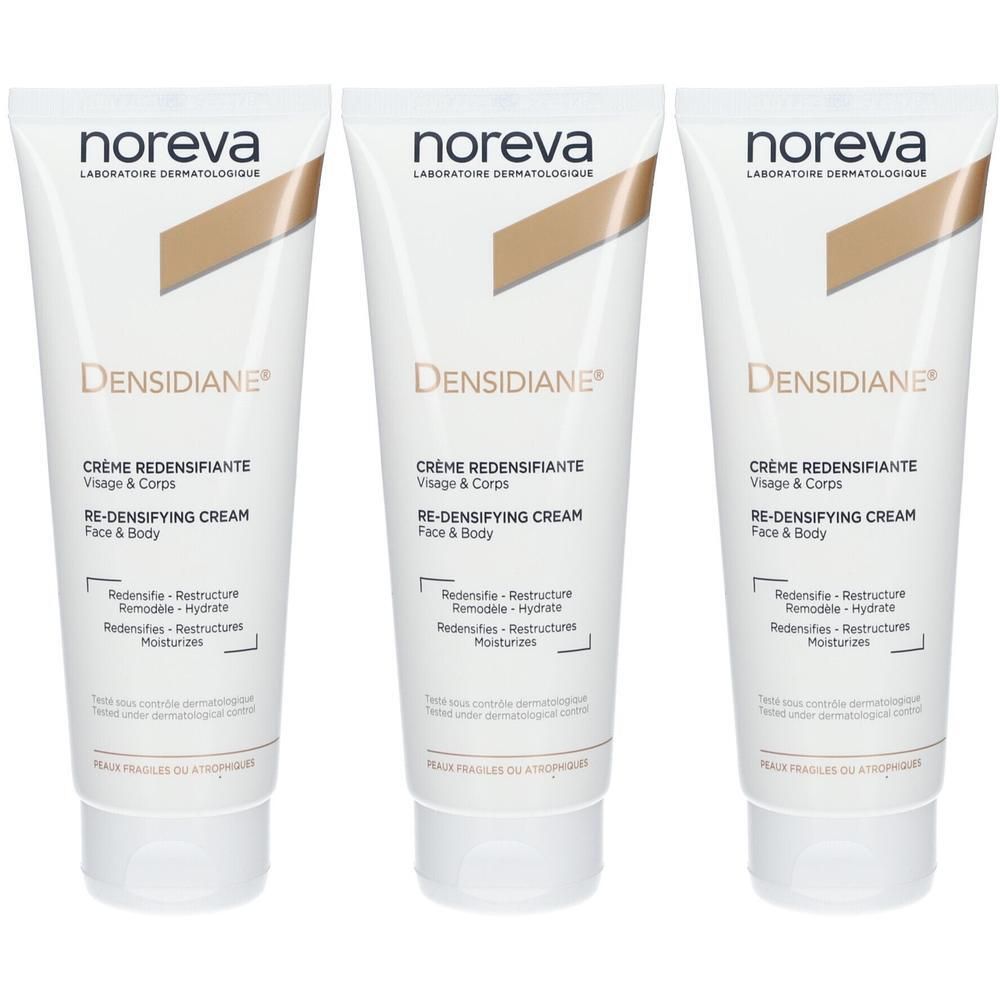 Drie Noreva Densidiane® crèmetubes voor gezicht en lichaam.