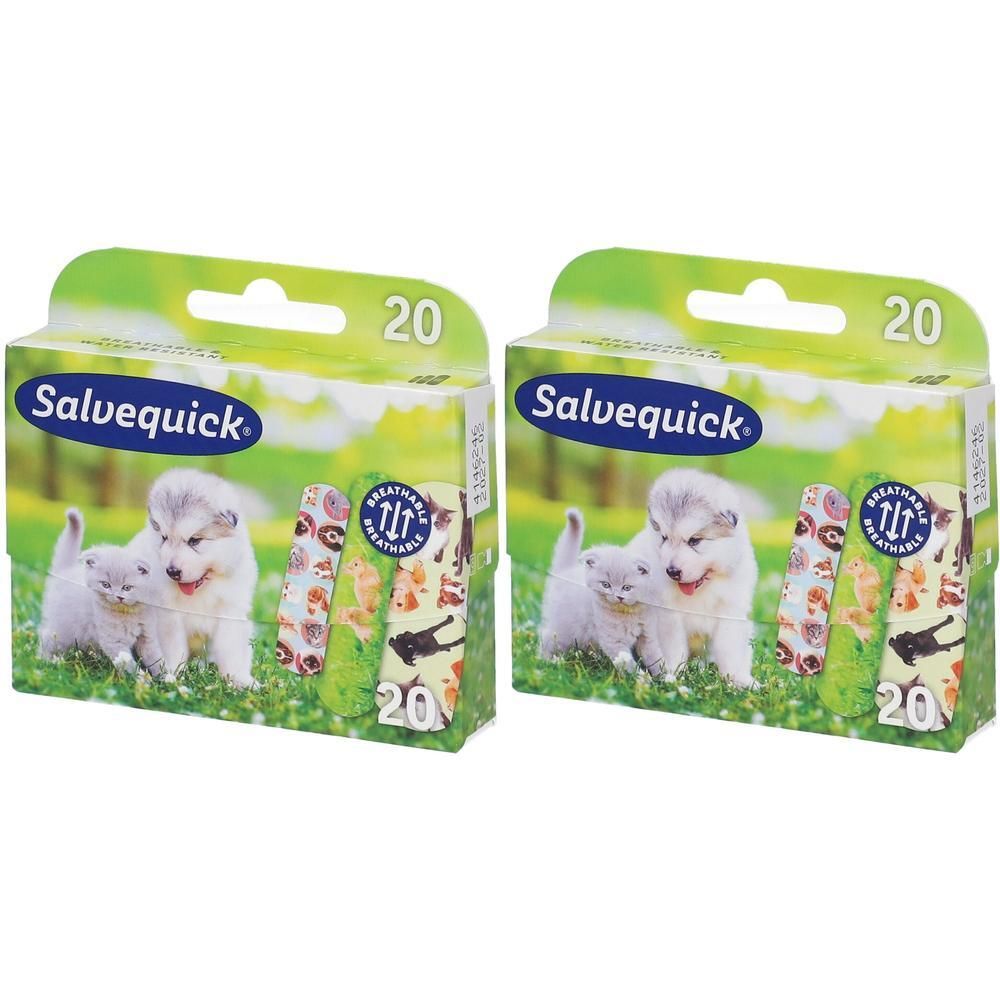 Twee pakken Salvequick pleisters met dierenmotieven, elk 20 stuks.
