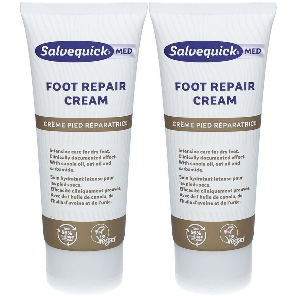 Deux tubes de crème réparatrice pour pieds Salvequick MED. Soin intensif pour pieds secs.