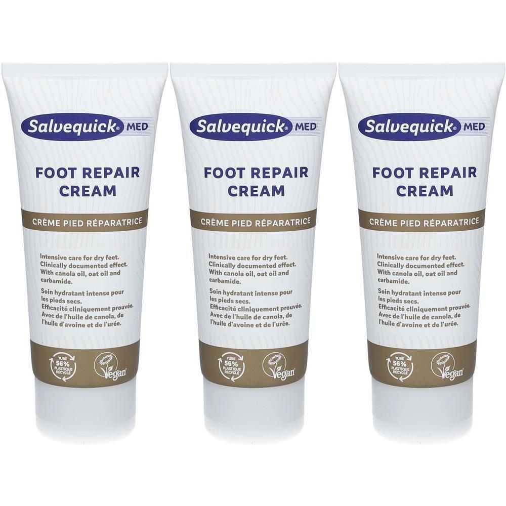 Trois tubes de crème réparatrice pour pieds Salvequick. Soin intensif pour pieds secs.