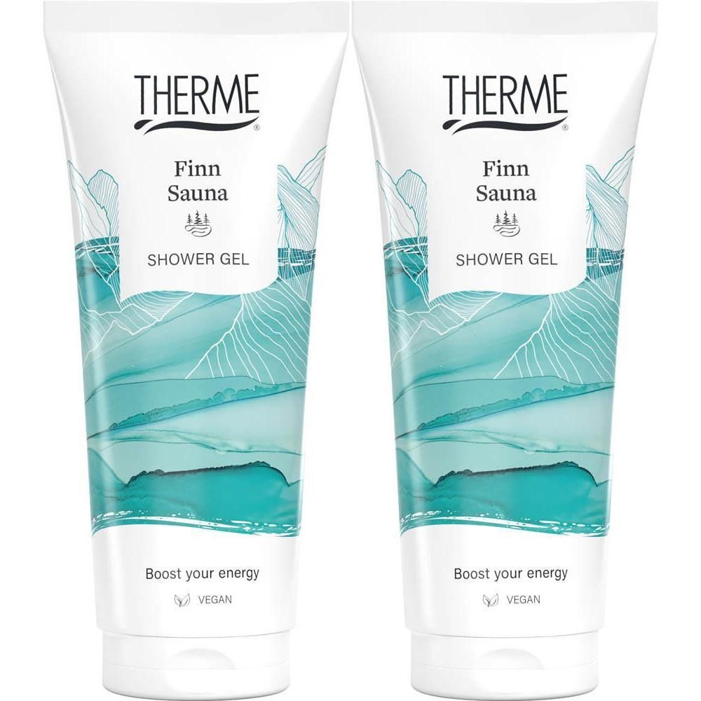 Deux tubes blancs de gel douche THERME Finn Sauna avec un motif ondulé bleu-vert.