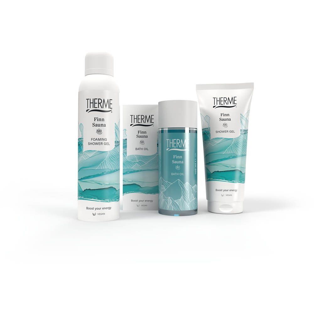 Vier THERME Finn Sauna producten: douchegel, schuimbad, badolie en douchegel tube.