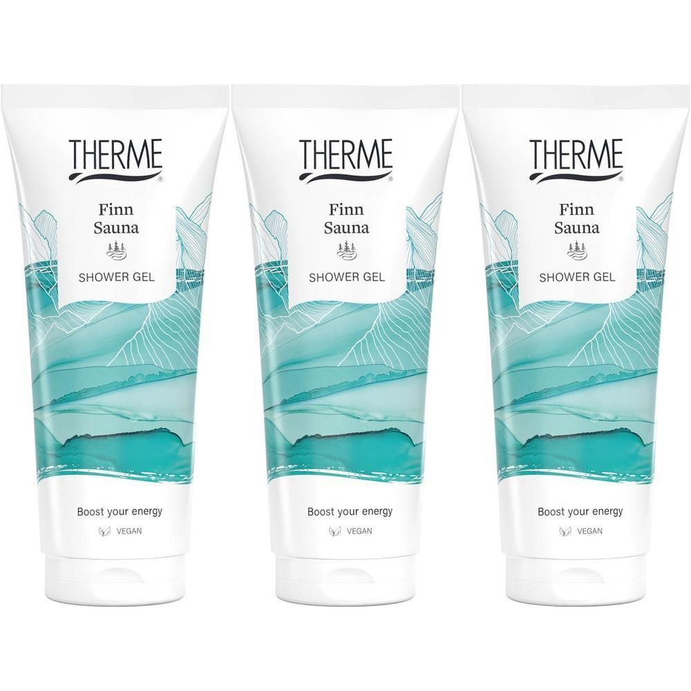 Drie tubes THERME Finn Sauna douchegel met golvend patroon.