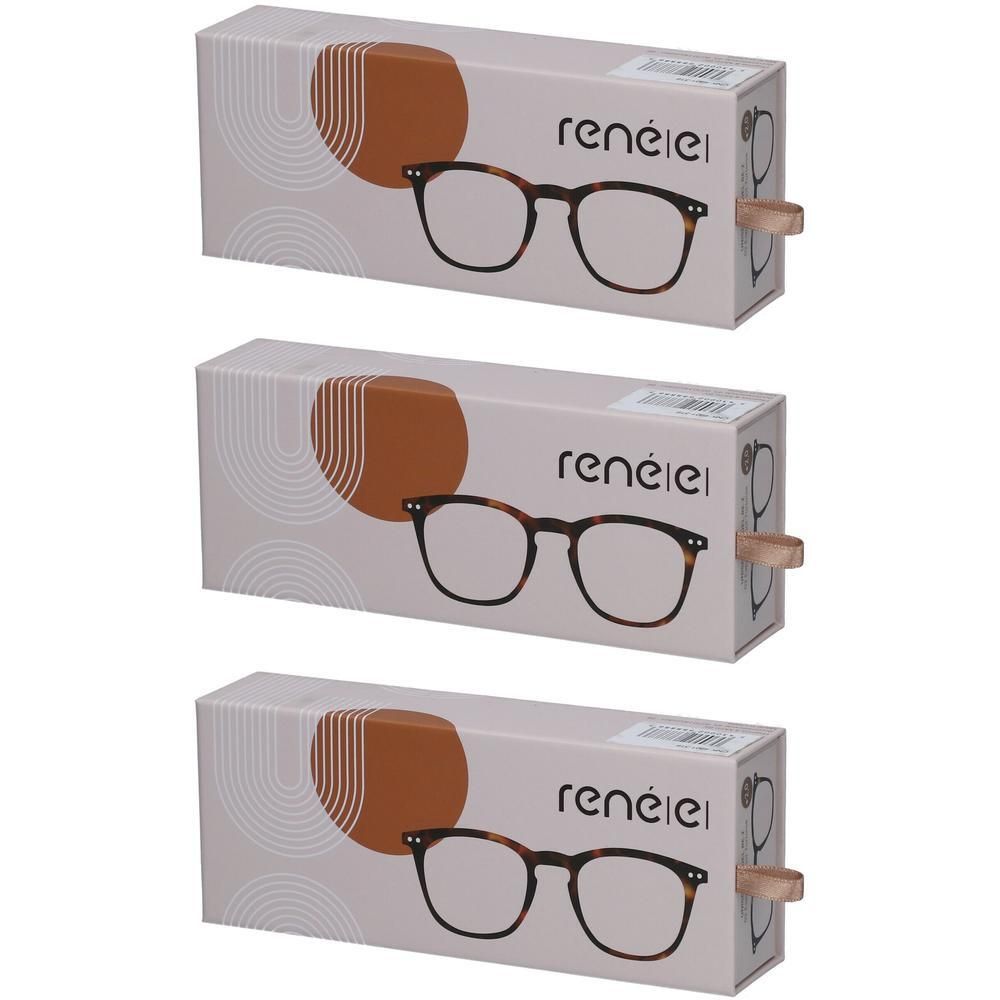 Trois boîtes de lunettes de lecture à motif écaille de tortue. Chaque boîte présente une illustration des lunettes.