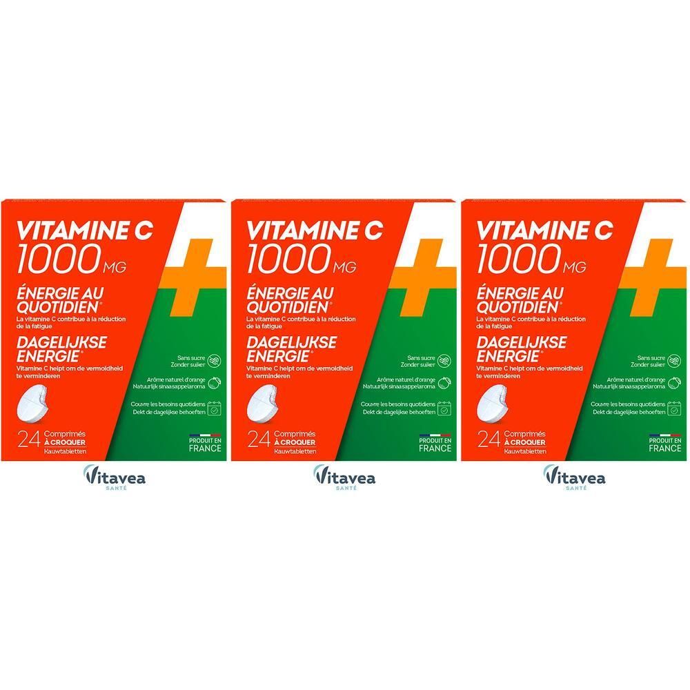Vitavea Vitamine C 1000mg, 3 boîtes de 24 comprimés à croquer. Pour l'énergie quotidienne.