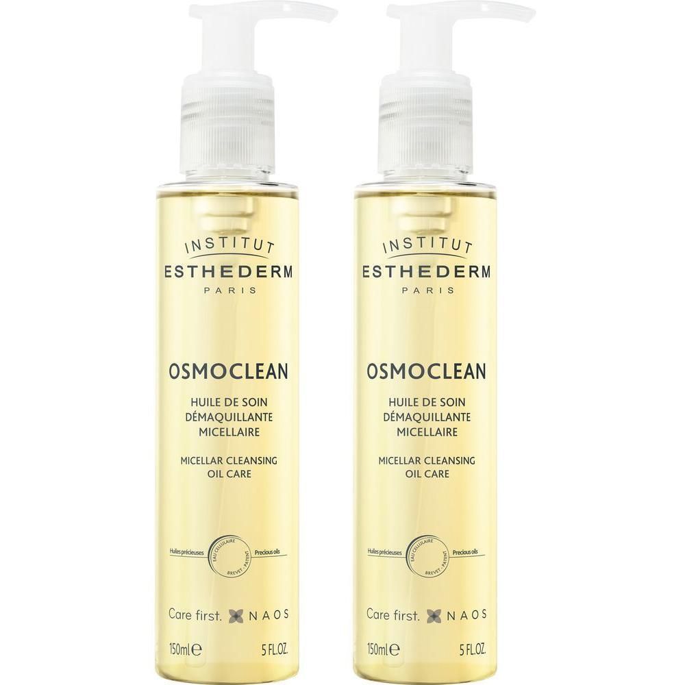 Deux flacons d'Huile de Soin Démaquillante Micellaire Osmoclean Institut Esthederm avec pompes.