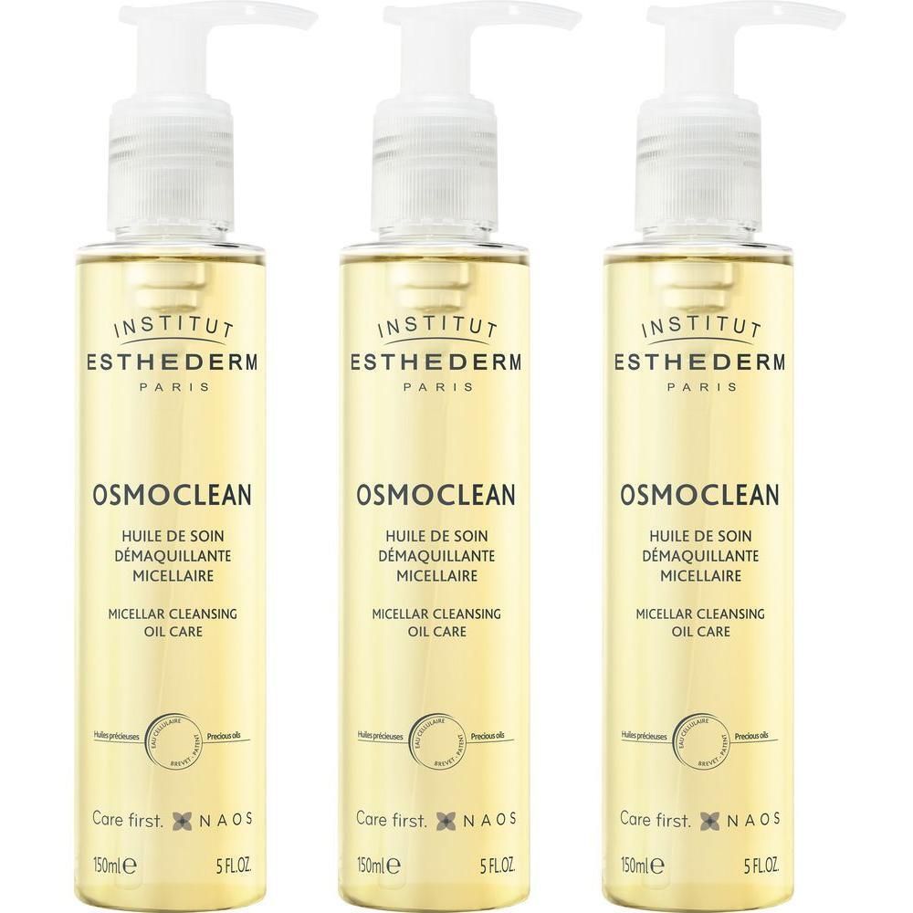 Trois flacons pompe Institut Esthederm Osmoclean Huile de Soin Démaquillante Micellaire. Chaque flacon contient 150ml.