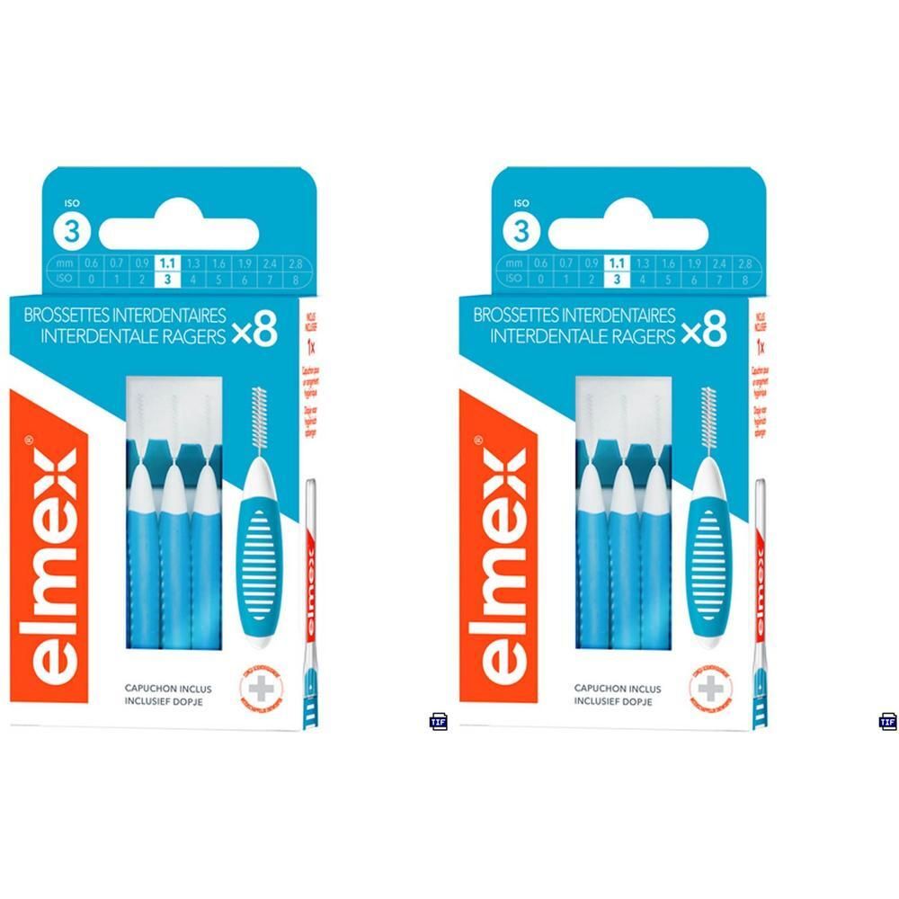 Twee pakken Elmex interdentale borsteltjes, maat 3, 1,1 mm, 8 stuks per pak.