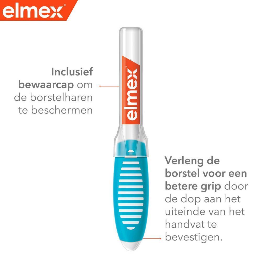 Elmex interdentale borstel met ergonomisch handvat en beschermkapje voor hygiënische opslag.
