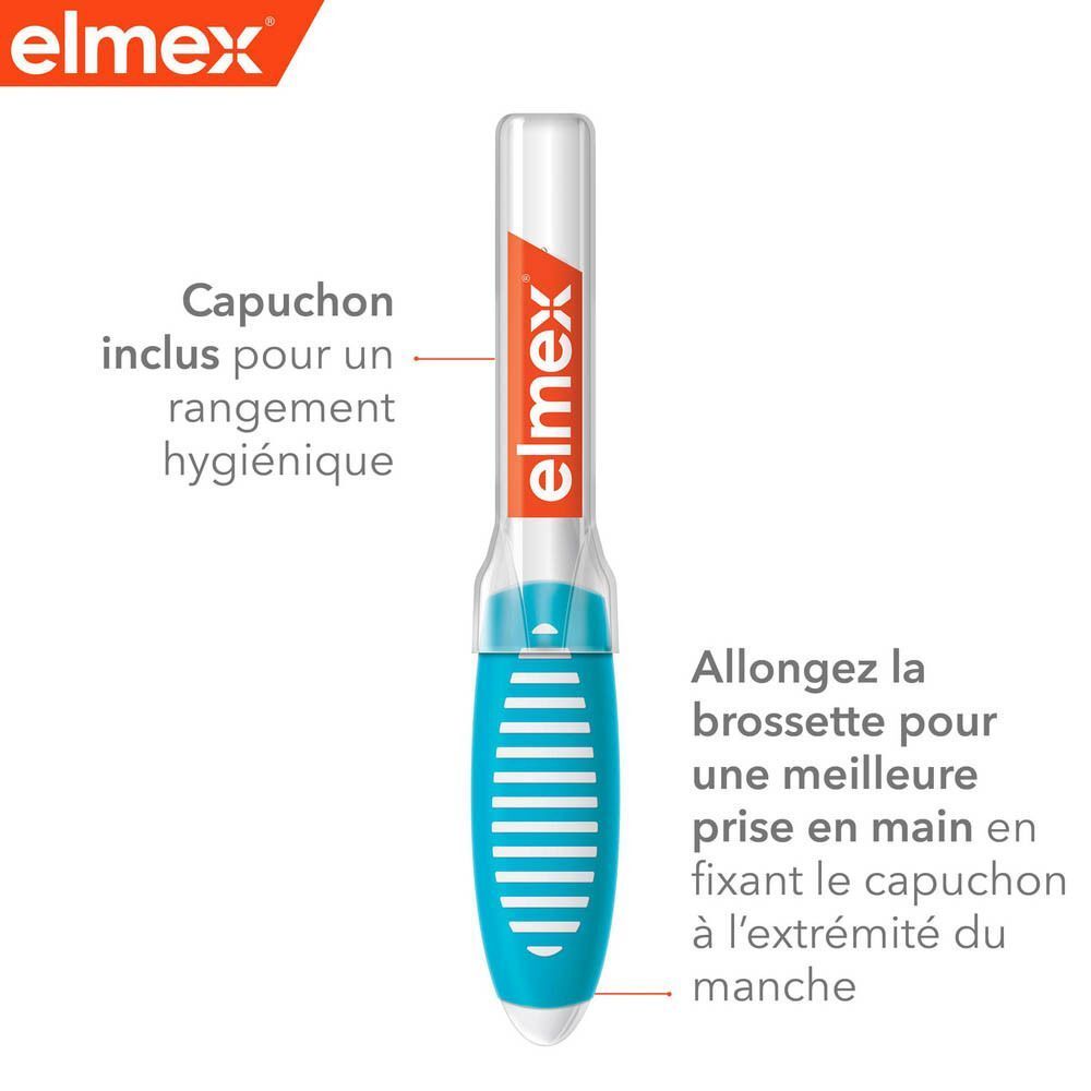 Brossette interdentaire Elmex avec manche ergonomique et capuchon protecteur pour rangement hygiénique.