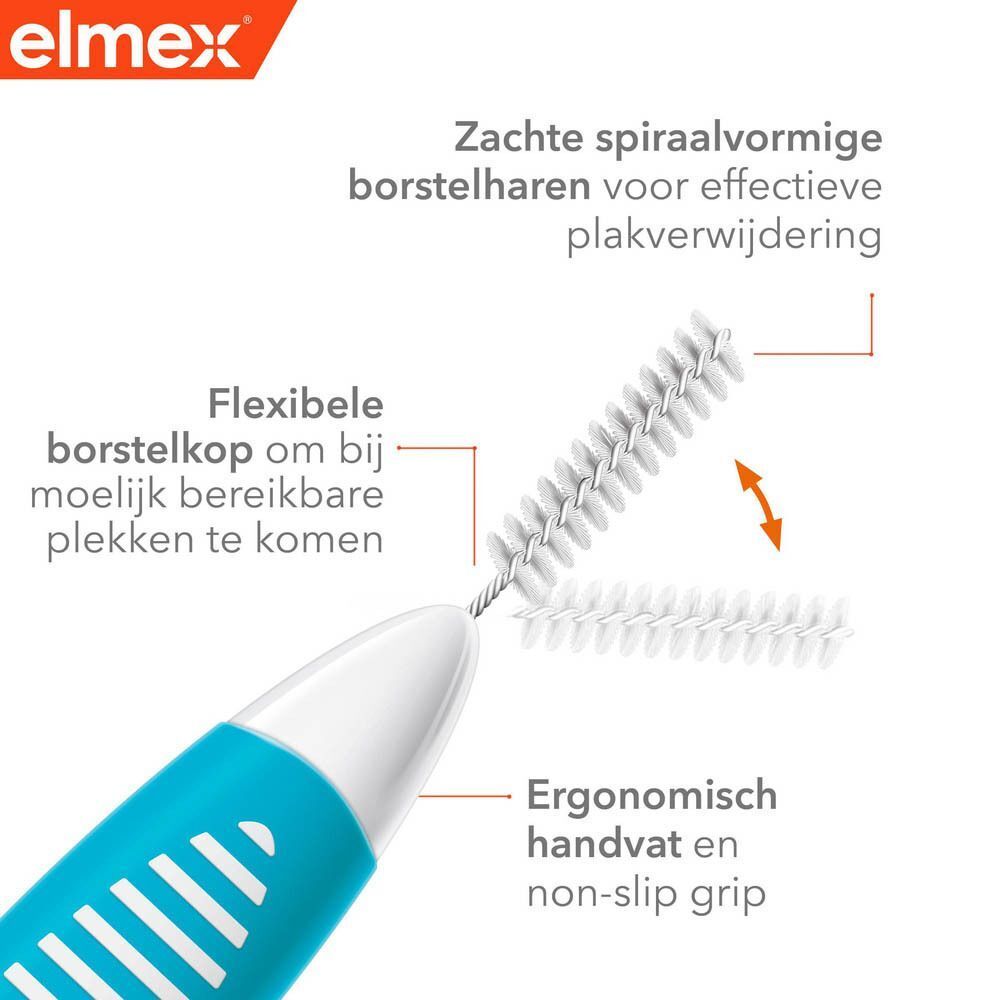 Elmex borsteltje: flexibele kop, spiraalvormige borstelharen voor effectieve plakverwijdering, ergonomisch handvat.