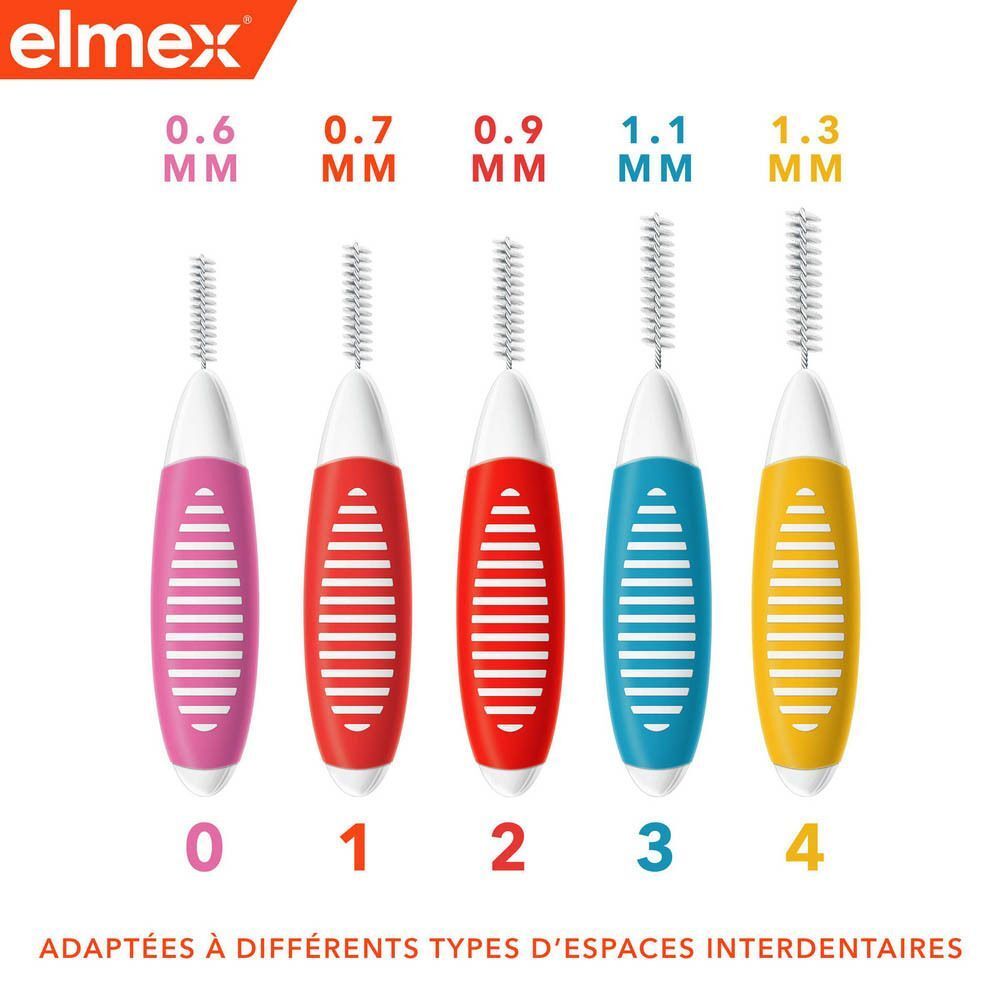 Cinq brossettes interdentaires Elmex de différentes tailles : 0,6 mm à 1,3 mm.